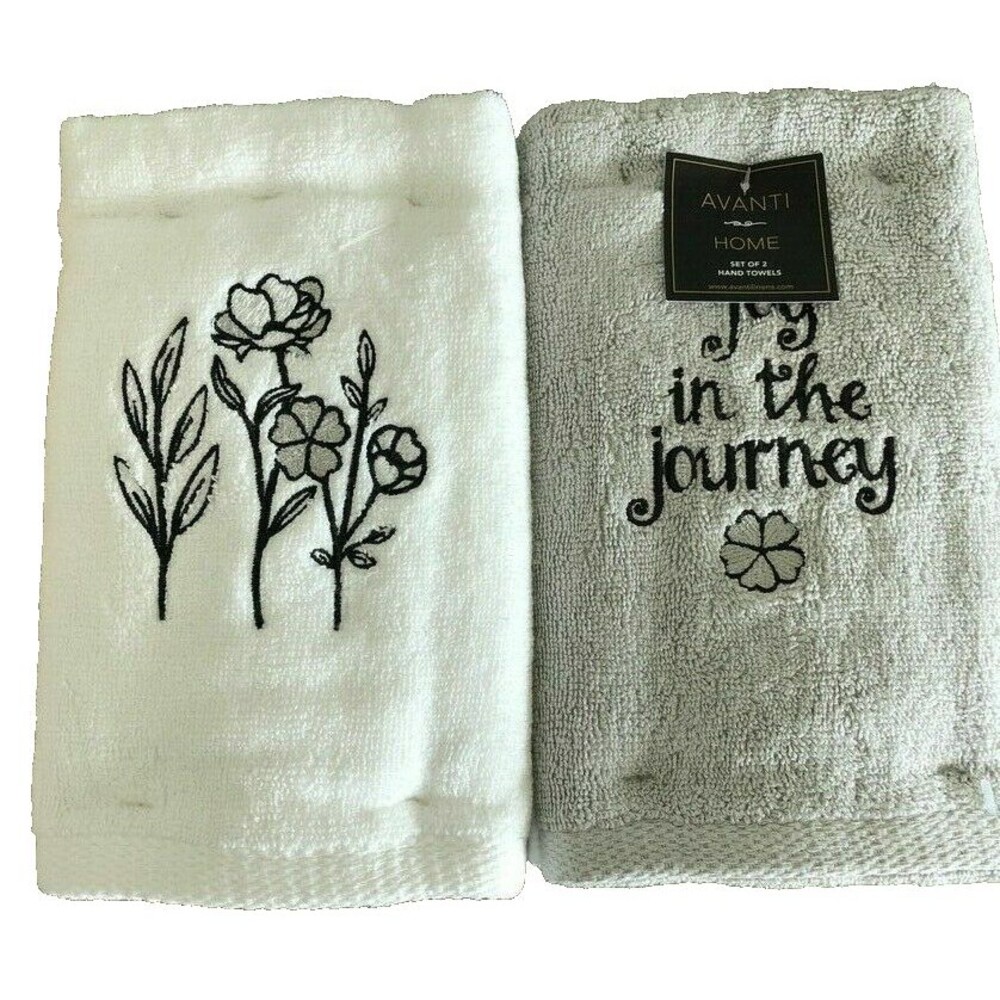 Avanti Hand Towels Enjoy The Journey Floral Black White Set of 2 Embroidered